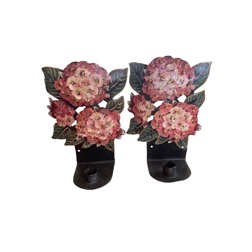 Vintage Haitian Metal Art Hydrangea Wall Sconces -‎ Hand Painted Tole Pair 12"